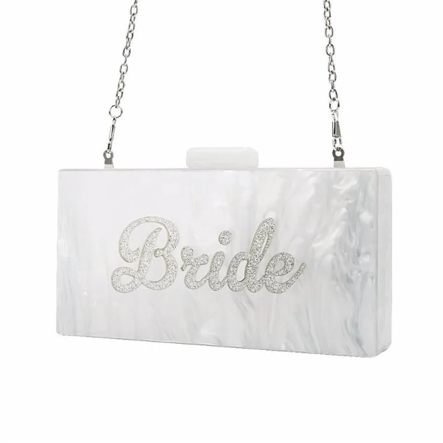 Avondtassen parel wit met zilveren glitternaam bruid acryl doos koppels dames handtassen mode handgemaakte klappen strand clutchev240u