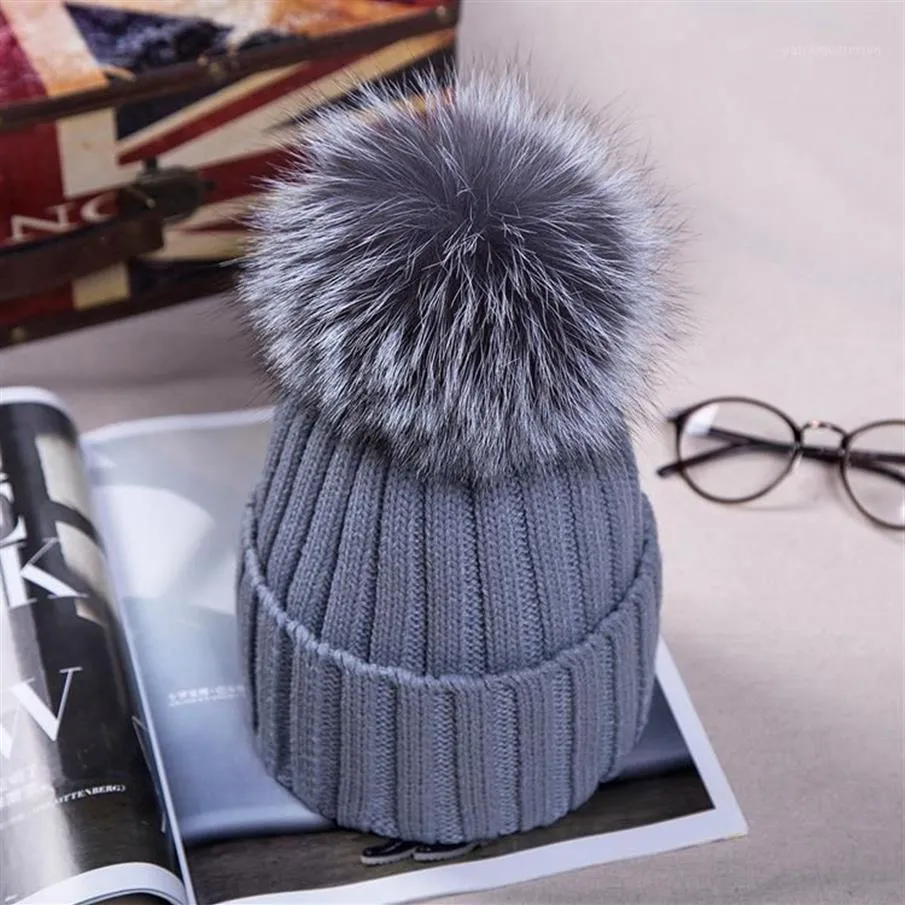 15cm Real Fur Ball Cap Pom Poms Winter Hat For Women Girl 's Wool Knitted Cotton Beanies Brand Thick Female265p