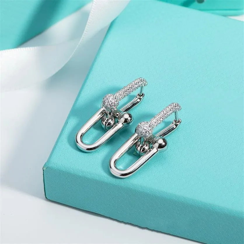 18K gold double u shape stud earrings for women fashion luxury brand designer OL style shining crystal ear rings earring party wed278c