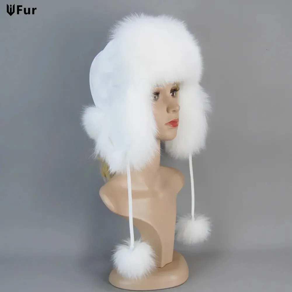 Trapper Hats 100 Real Fur Hat For Women Natural Silver Russian Ushanka Winter Thick Warm Ears Fashion Bomber Cap 231214