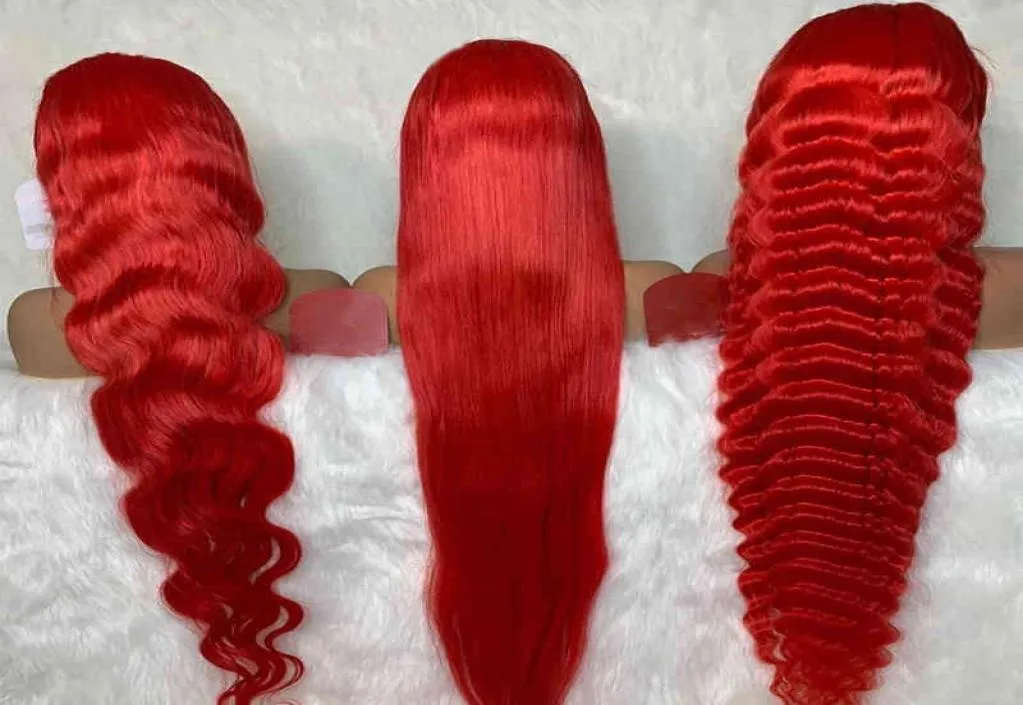 Wholale couleur rouge vague de corps brésilien cheveux humains pré plumé 13x6 perruque pour les femmes Remy dentelle avant Wigs3695096