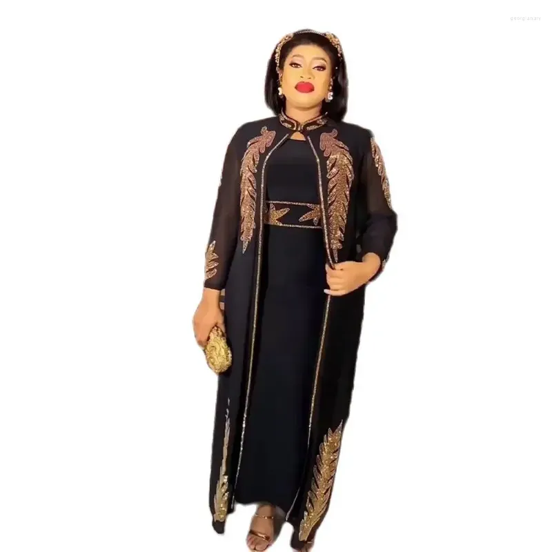 Casual Dresses African Style Bling Woman Dress 2 Piece Sets Beading Long Sleeve Muslim Dubai Robe Drop For Women