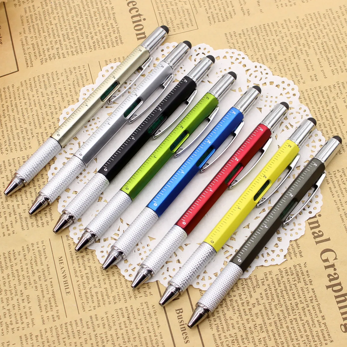 6 em 1 ferramenta caneta esferográfica de plástico chave de fenda régua nível de espírito multi-função tela de toque caneta stylus