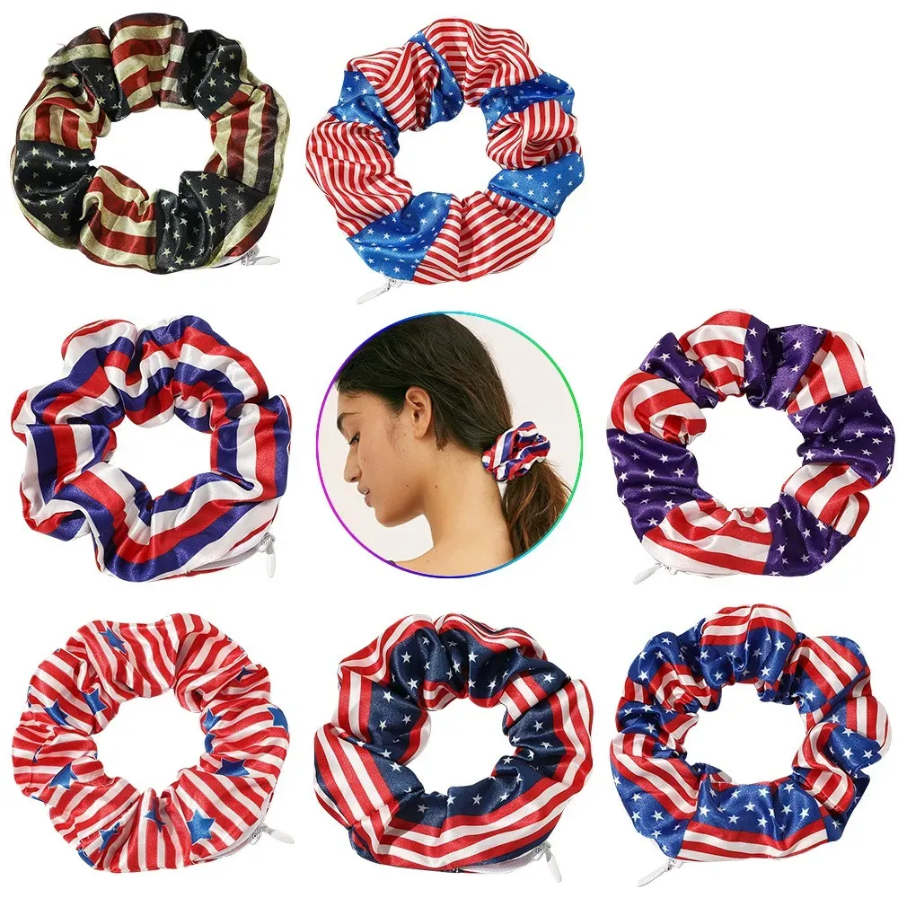 Scrunchies Zipper Rainbow Haintail держатель для волос полосатой звездной лазерной повязкой USA флаг -галстуки веревочные волосы.