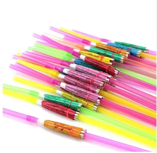 Wholesale- 9.4'' 24cm eco-friendly solid color plastic drinking straws with paper umbrellas Cocktail straws