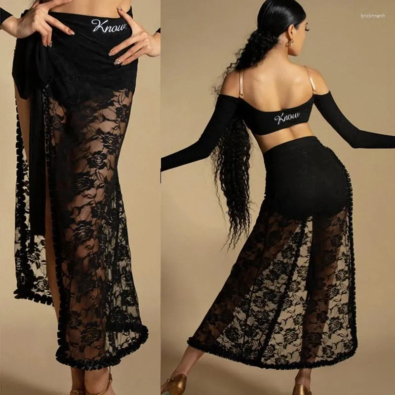 Stage Wear Sexy Black Lace Latin Dance Skirt Women Lace-Up Long Hip Scarf Rumba Tango Salsa Clothes Performance DNV18998