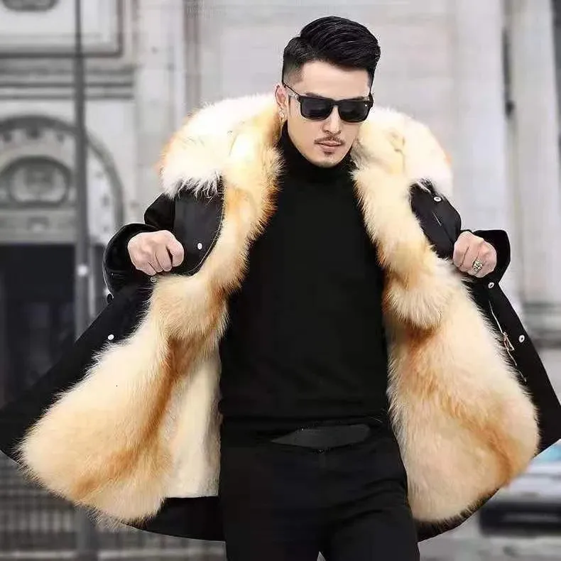 Men's Fur Faux Fur Faux Fur Coat Loose OverCoat Thick Warm Men Plush Coats Fox Hair Inner Liner Detachable Collar Long Fur Parkas Fur Jacket 231213