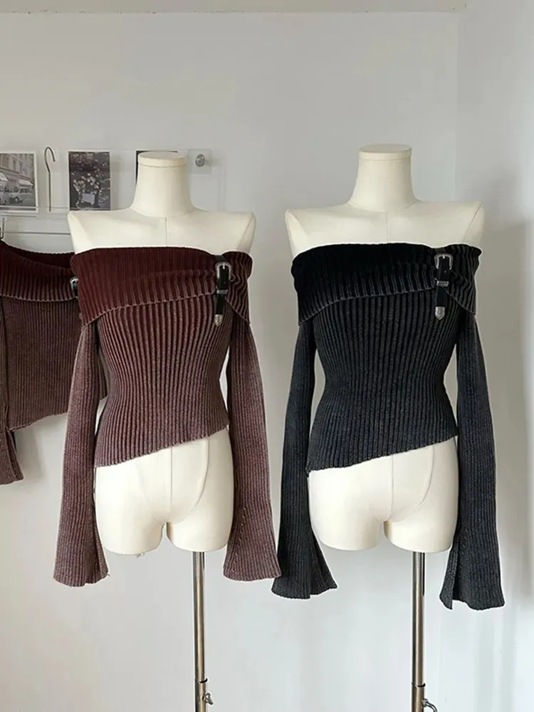 Suéteres femininos elegantes e simples suéter de malha clássico com pescoço diagonal ombro mangas compridas lacado outono inverno y2k roupas de rua 231213