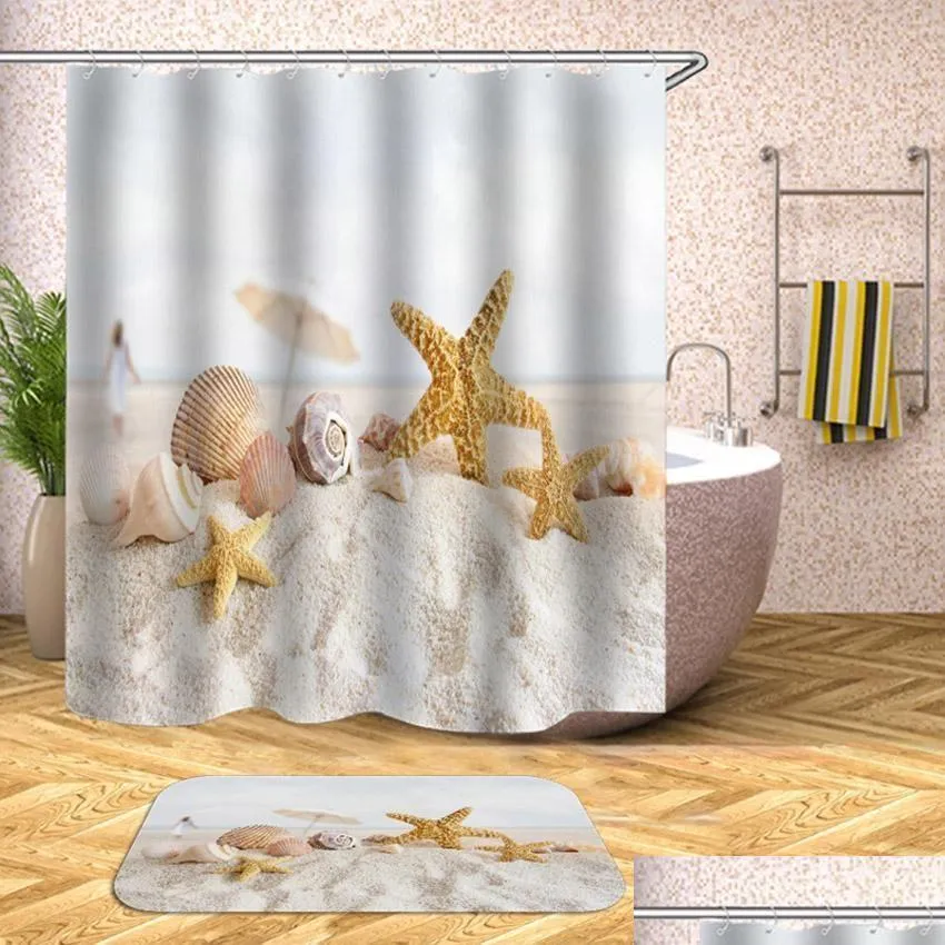 Shower Curtains 35Waterproof Curtain Beach Shell Sea Bath For Bathroom Bathtub Bathing Er Extra Large Wide With 12Pcs Hooks T200711 Dhsn8