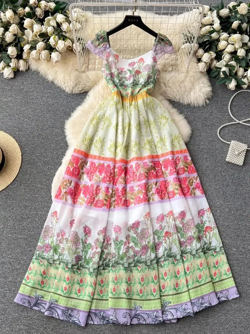 Partykleider Sommer Wunderschönes buntes Blumendruck-Chiffonkleid Damen Prinzessinnenärmel rückenfrei elastisch A-Linie Urlaubsrobe Vestidos