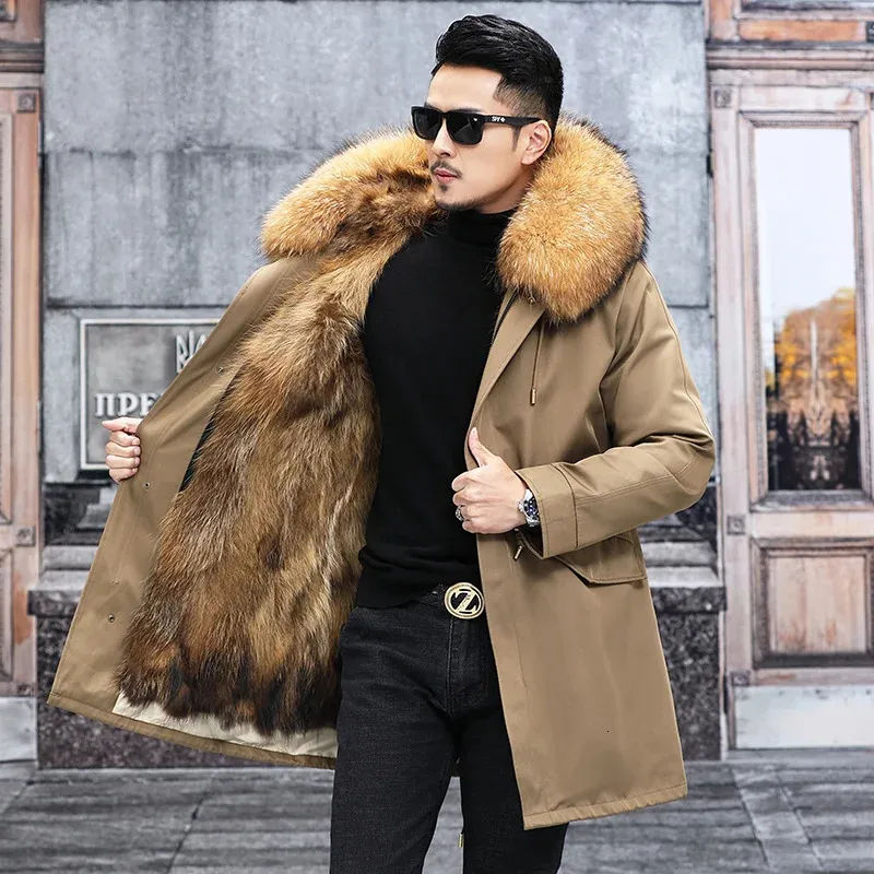 Parka longue en fausse fourrure pour hommes, imperméable, grand col de raton laveur naturel, véritable manteau, veste d'hiver, capuche, doublure épaisse et chaude, 2023, 231213