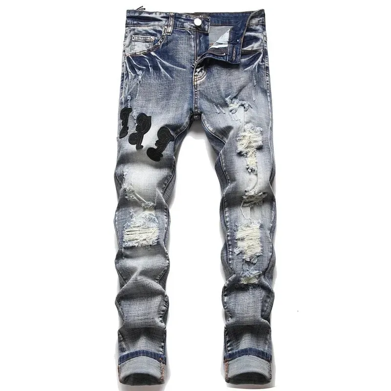 Jeans pour hommes High Street Stretch Broderie Hommes Ripped Streetwear Style Punk Pantalon pour homme Slim Mode Petits pieds 231213