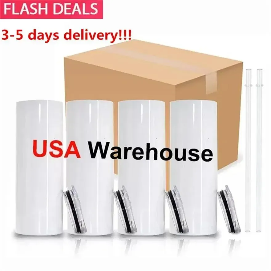 US Local Warehouse 20oz Sublimation Straight Tumblers Blanks White Stainless Steel Vacuum Insulated Slim DIY 20 oz Cup Car Coffee Mugs White