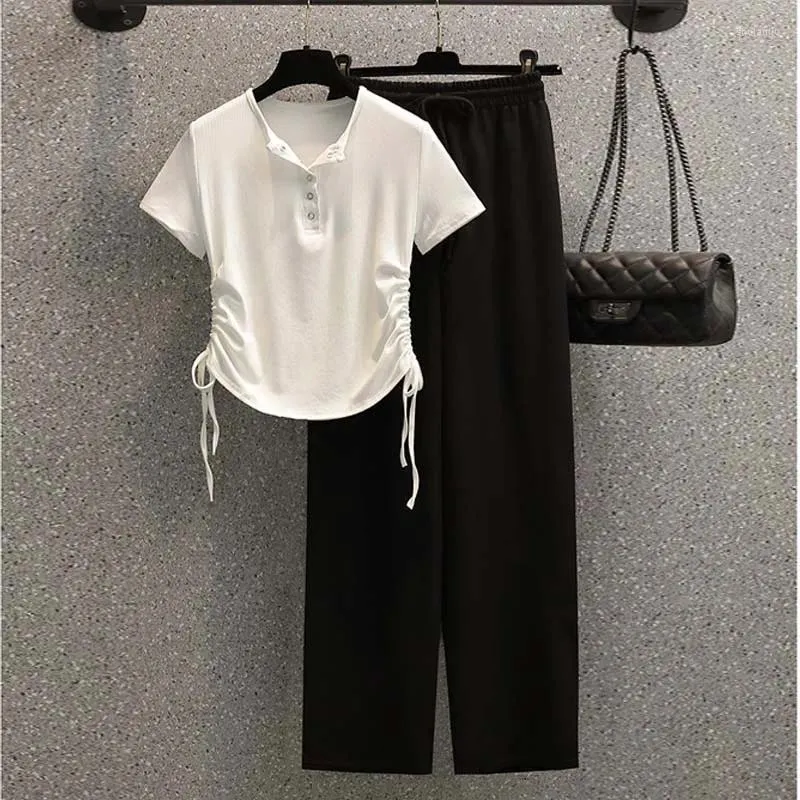 Kvinnors tvåbitar byxor Summer Korean Fashion Casual Sticked Set Women Loose Pullover Tröja Tops Wide Leg Suits Knitwear 2