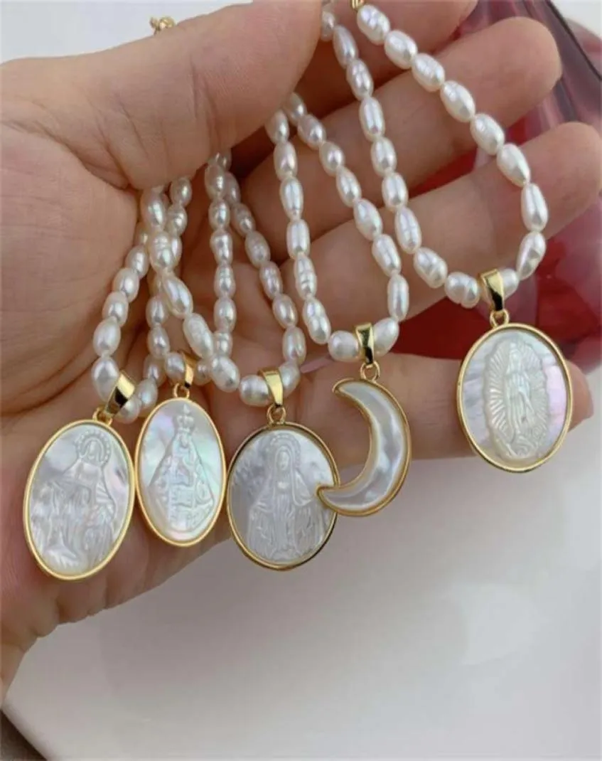 Colliers ras de cou en perles d'eau douce pour femmes, coquille de vadrouille naturelle, sainte vierge marie Guadalupe, pendentif de médaille religieuse 2109299051754