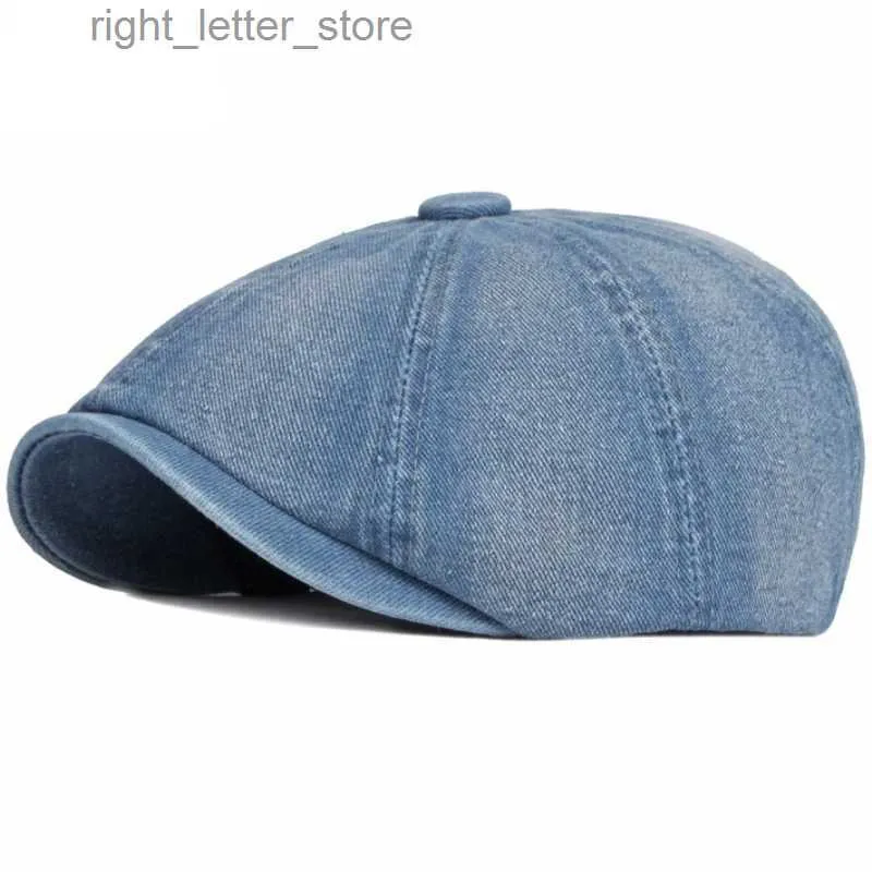 Boll caps basker män kvinnor platt hatt tvättad bomull denim basker cap vintage artist målare basker hatt unisex åttkantig newboy cap yq231214