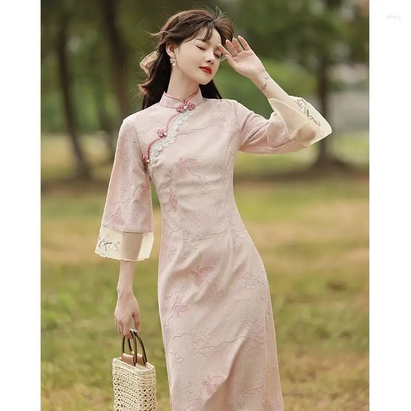 Ethnic Clothing 2023 Pink Cheongsam Embroidery Lace Women Dress Vintage Long Improved Sleeve Chinese Traditional Qipao S To XXL