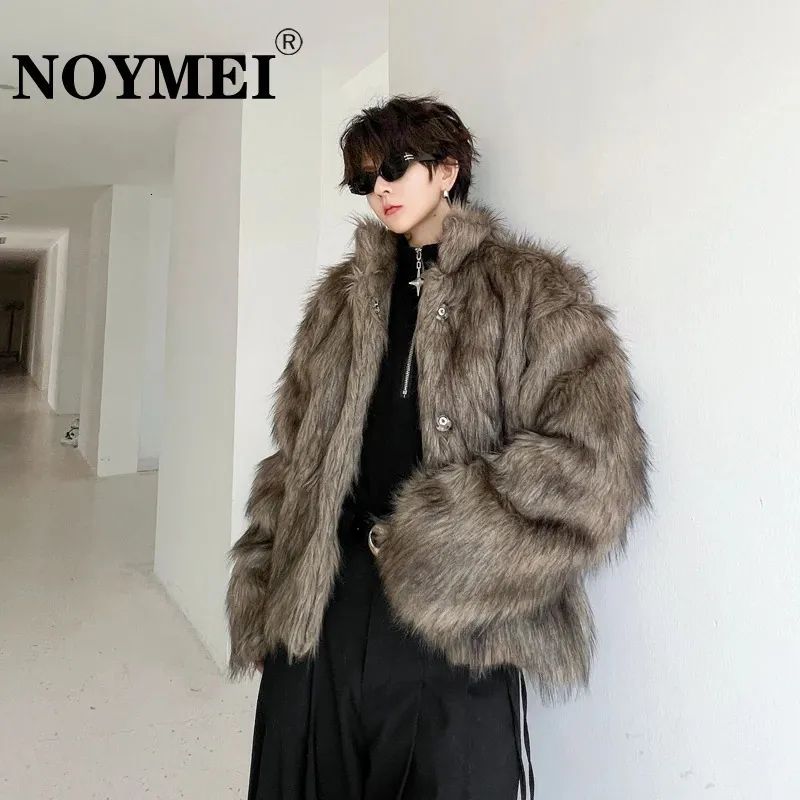 Parkas pour hommes Noymei 2024 Hiver Solid Solid Dark Polo Collar Fur Cotton Coat Allmatch Single Breasted Male Veste WA3423 231214