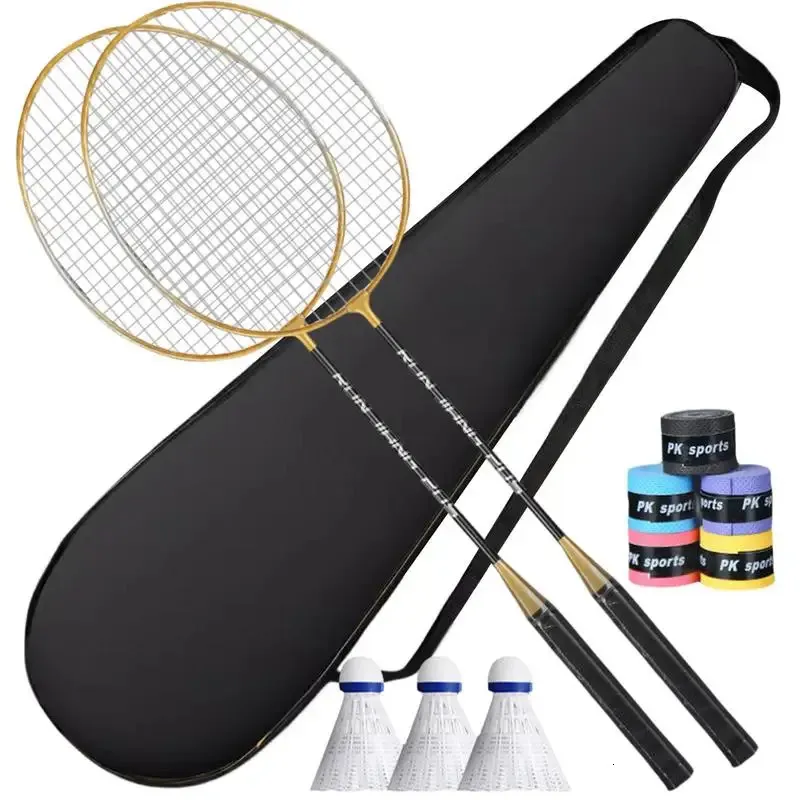 Corda de badminton 2 pçs conjunto raquete amador primário petecas treinamento conjunto com suor absorvente aperto 231214