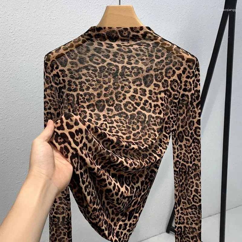 Women's T Shirts HIgh Quality 2023 Women Tops Winter Autumn Leopard Print - Shirt Female Gauze Clothing Sexy Crop Top Clothes Casual Blouse