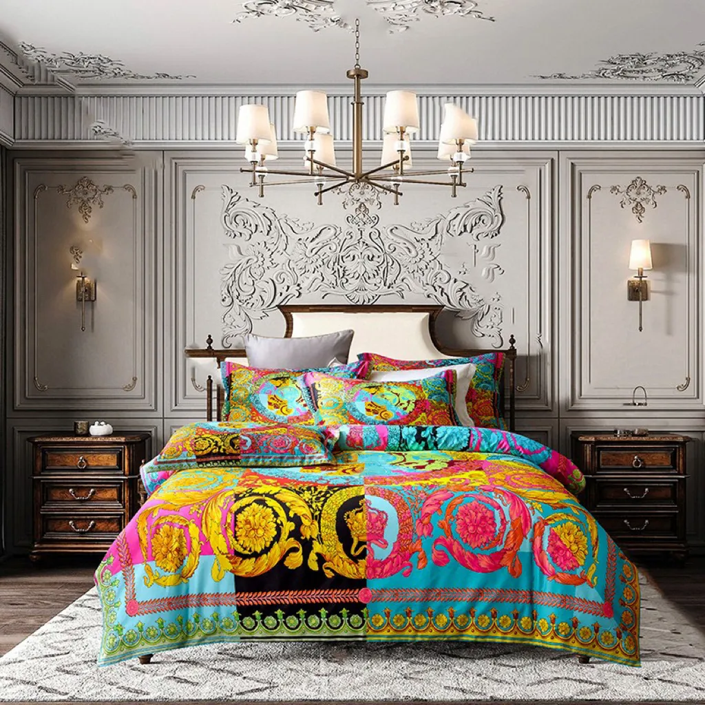 Luxuriöse King-Size-Designer-Bettwäsche-Sets, Regenbogen-Bohemien-Muster, bedrucktes Oberteil aus Baumwolle, Queen-Size-Bettbezug, modische Kissenbezüge, Bettdecken-Set