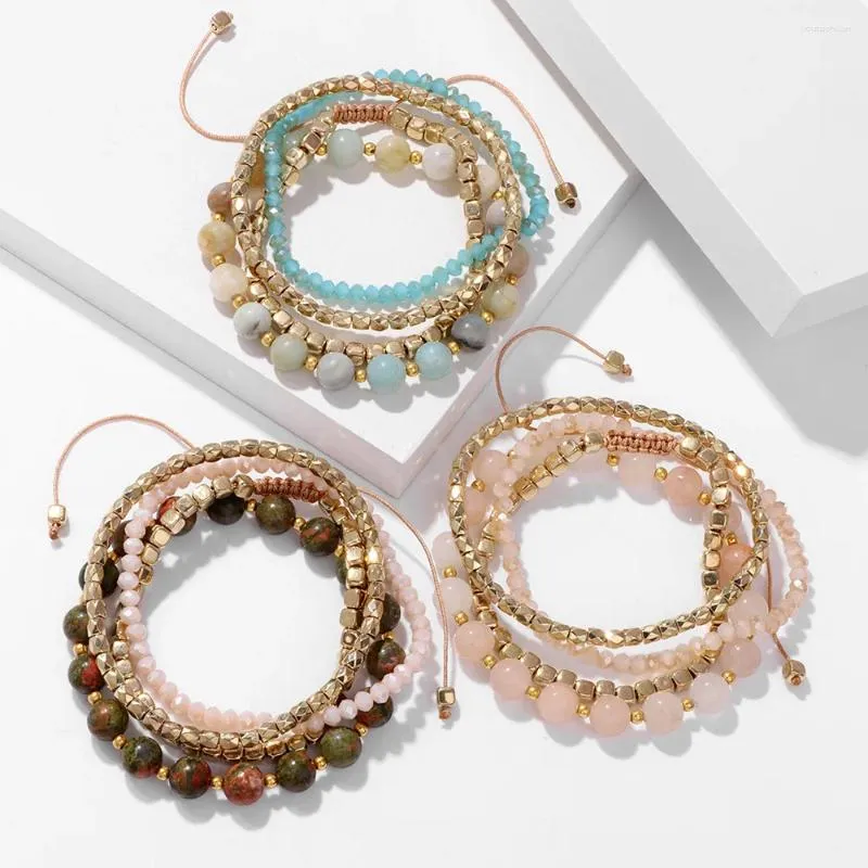 Ensemble de bracelets en pierre naturelle, 4 pièces, couleur or, perle d'espacement, corde tressée multicouche, bijoux de Yoga, cadeau pour femmes et hommes