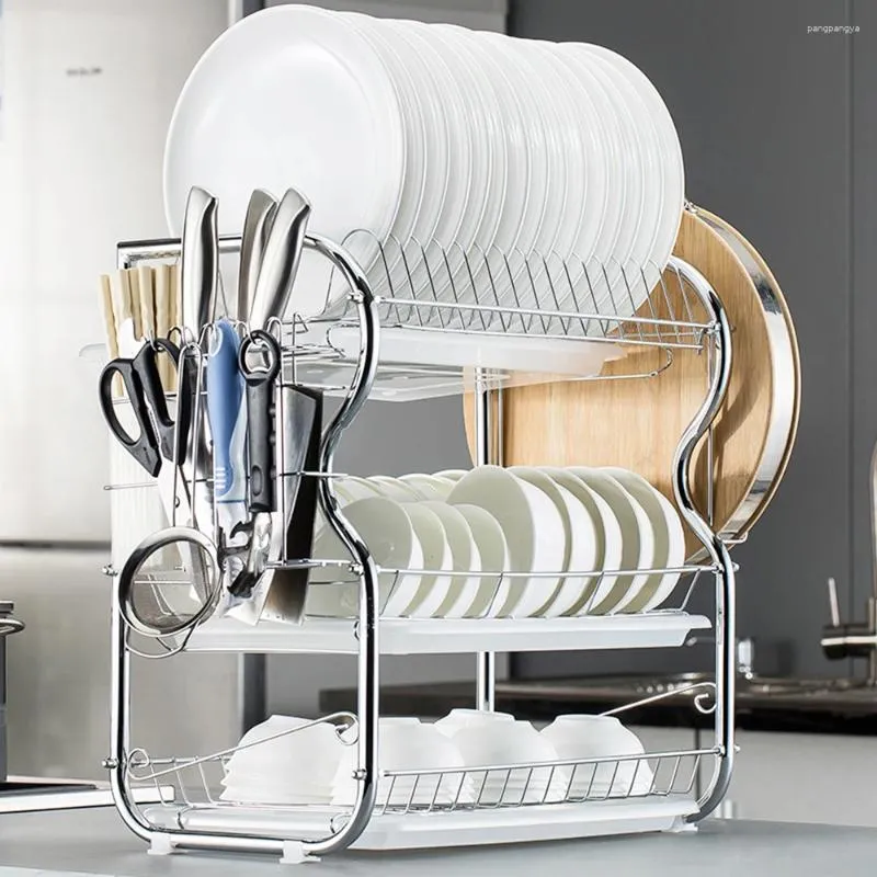 Kitchen Storage 3 Tier Dish Drainer Stainless Steel Drying Rack Bowl Pot Draining Stand Dryer Tray Holder Organizer Shelf