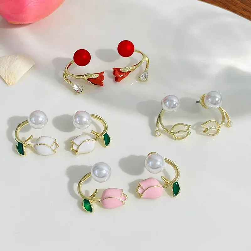 Sweet Tulip Flower Shape Stud Earrings Luxury Pearl Earring For Women Girls Fashion Wedding Party Earrings Decor Jewelry Gifts