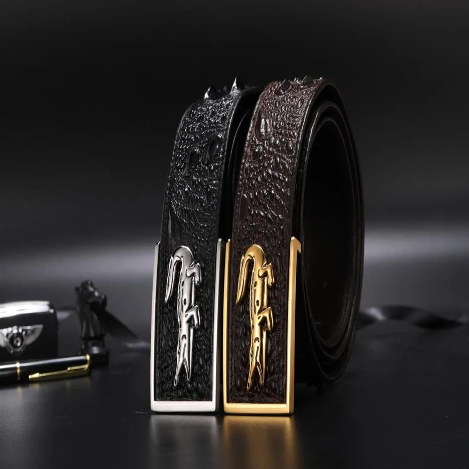 Fashion Business and Leisure Men Designer Belts Crocodile Skin Material Steel Areal Lishle Backle Belt Width est 3 8 cm198f