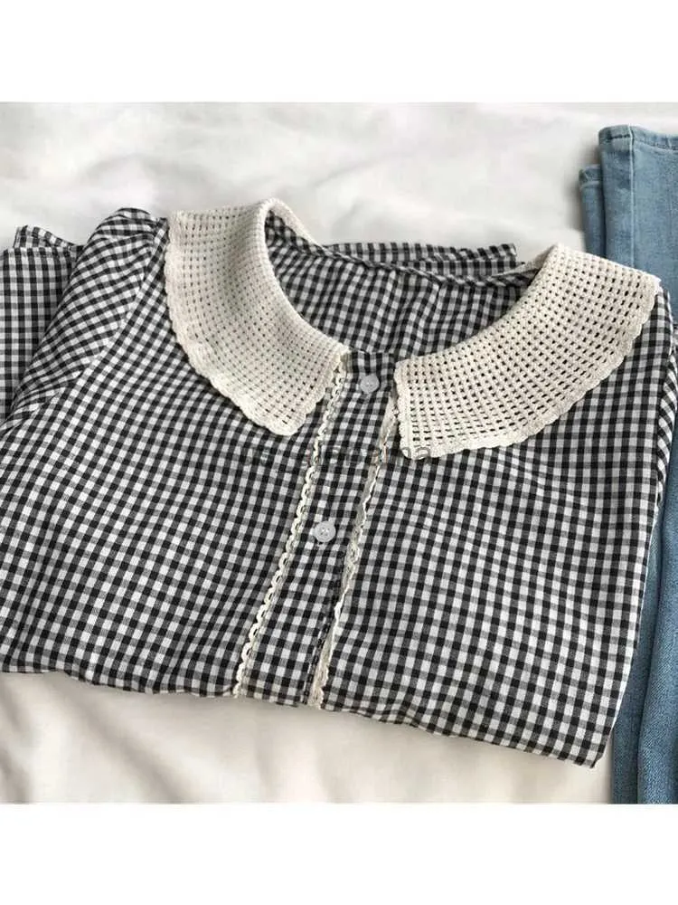 Women's Blouses Shirts Lamtrip Unique Lace Peter Pan Collar Plaid Short Sleeve Cotton Preppy Style Shirt Blouse 2023 Summer YQ231214