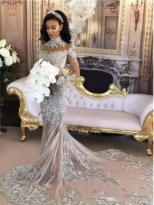 Vintage Mermaid Wedding Dresses Long Sleeve High Neck Crystal Beads Bridal Gowns Luxury Sparkly African Customized Wedding Dress