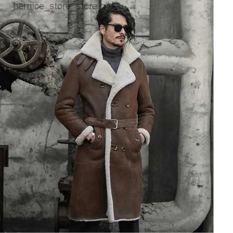 Manteau en peau de mouton pour hommes en fausse fourrure de style militaire pour hommes Parka en fourrure de luxe X-Long pour hommes importe de la laine d'Australie veste en peau de mouton marron Q231212