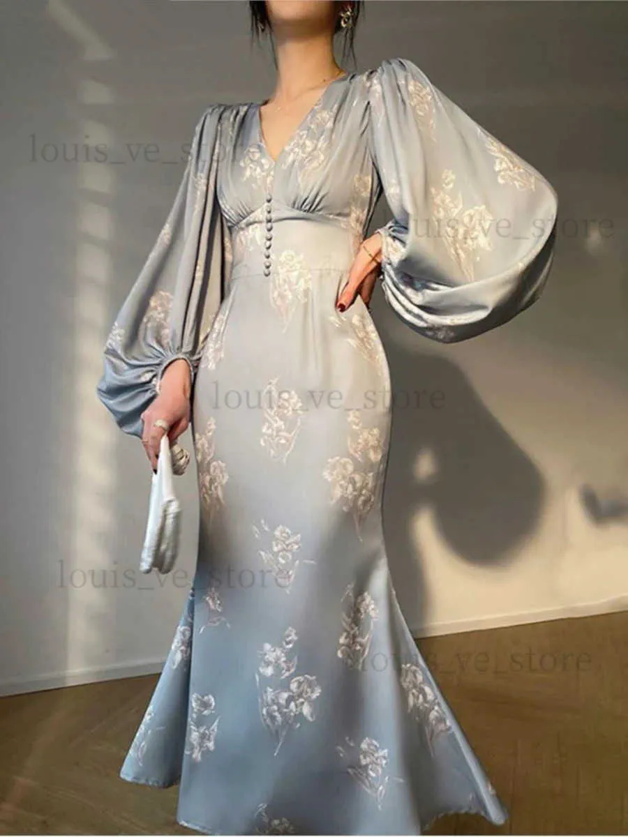 Stedelijke sexy jurken slanke midi-jurk 2023 dames zomer mode nieuwe afdrukken elegante avondfeest zeemeerminjurken met lange mouwen v-hals fmeale kleding t231214