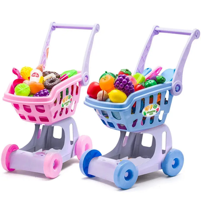 Tools Workshop Shopping Trolley Cart Supermarket Push Car Toys Basket Mini Simulation Fruit Food Preteny Spela Toy for Children 231213