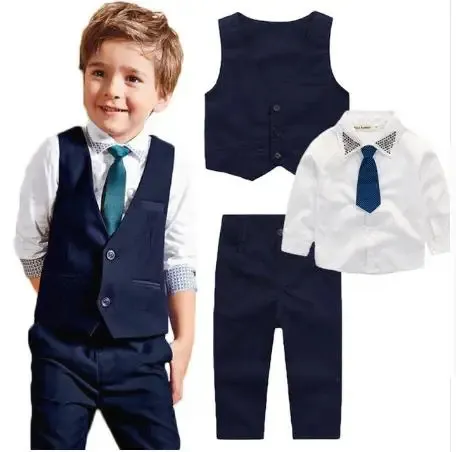Kostymer sommar baby pojkar mode bomull långärmad tie tshirts västbyxor 3 pcssets gentleman barn barn kostymer 231213
