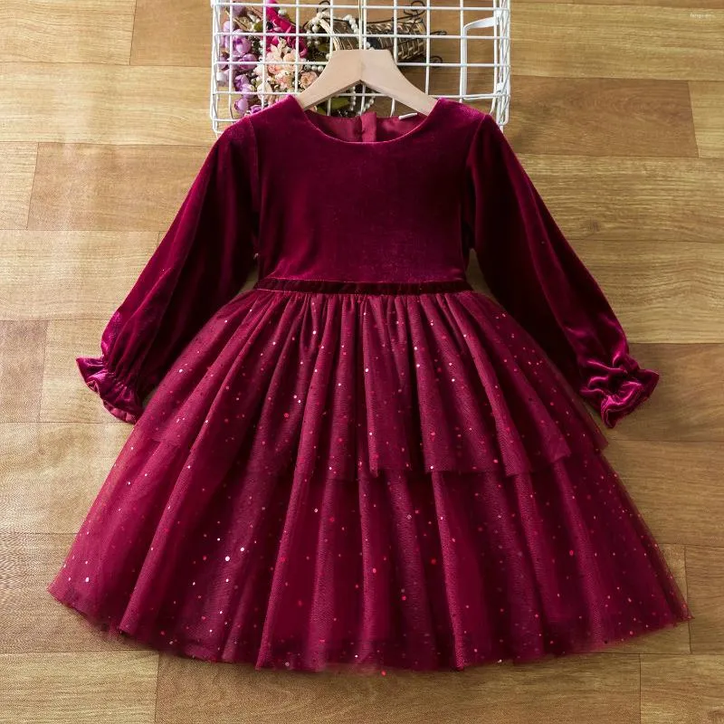 Girl Dresses 2023 Girls Christmas Dress For Kids Autumn Full Sleeve Sequined Tulle Tutu Princess Wedding Birthday Party Clothing