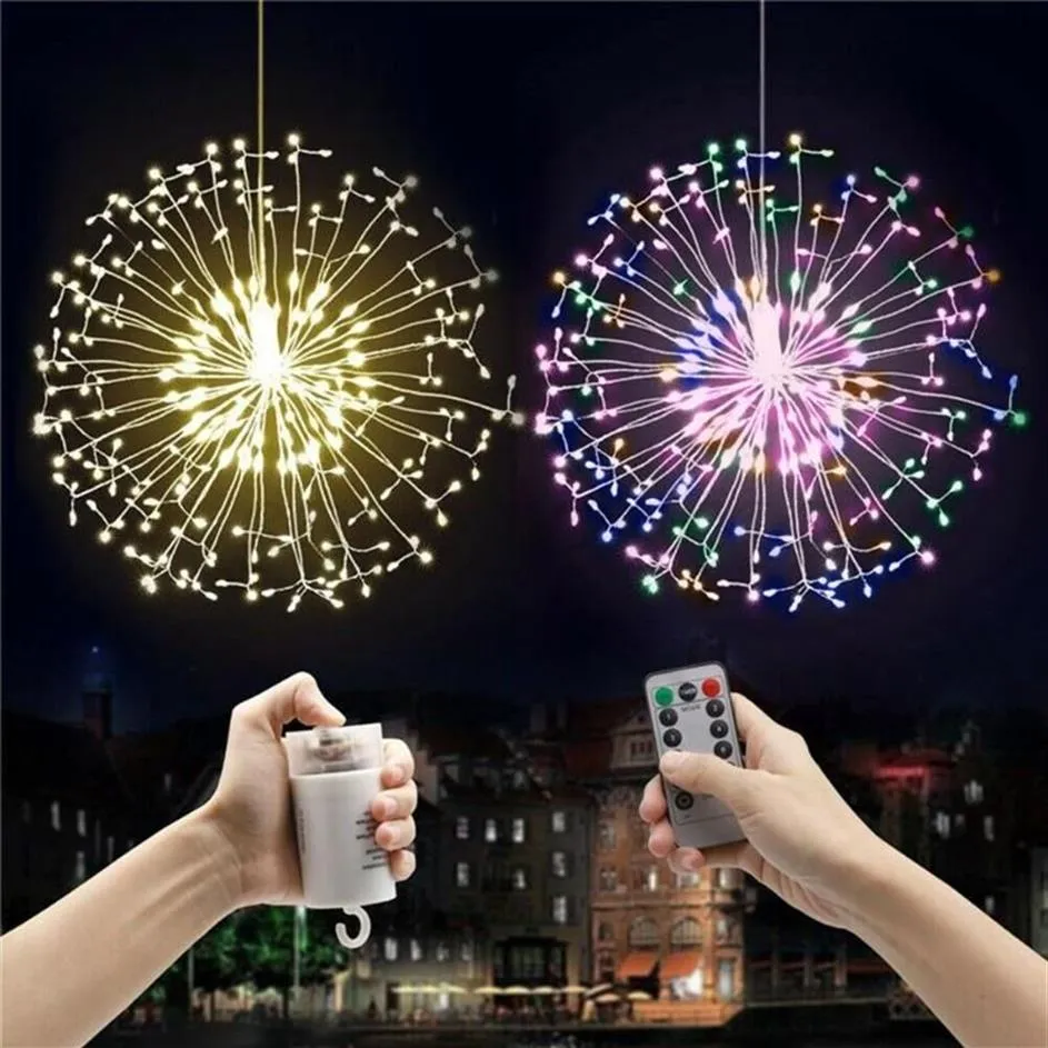 Pendurado led firework fada string luz remoto 8 modos gypsophila luzes do feriado ao ar livre casa guirlanda natal festa de casamento decor219g