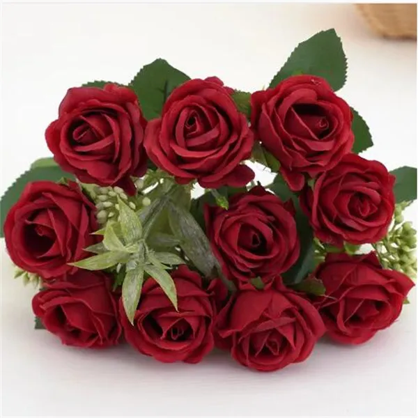 10 Huvuden Rose Bouquet Artificial Flowers Western Rose Wedding
