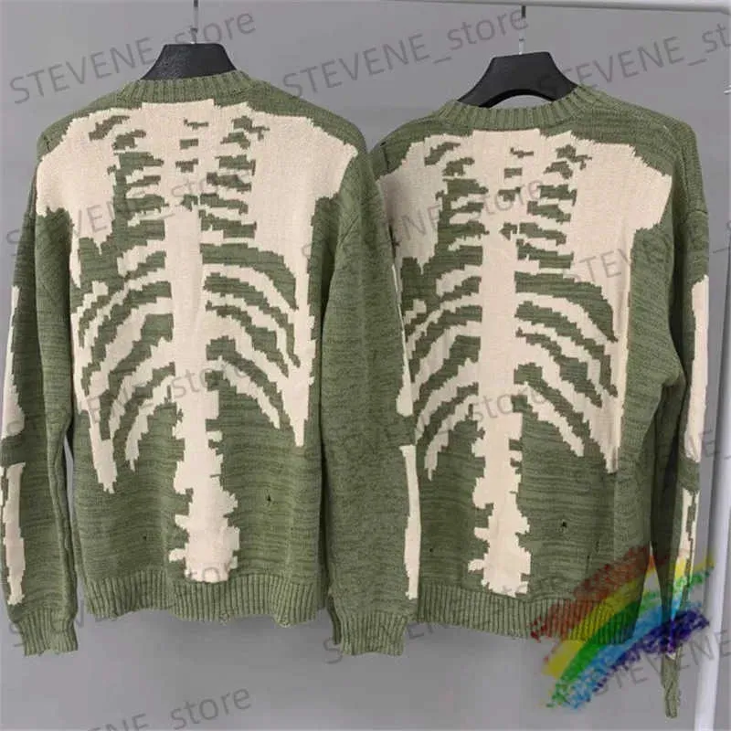 Męskie swetry 2023fw luźne kapitalowe szkielet kość sweter mężczyźni kobieta 1 1 wysokiej jakości crewneck vintage zielone bluzy T231214
