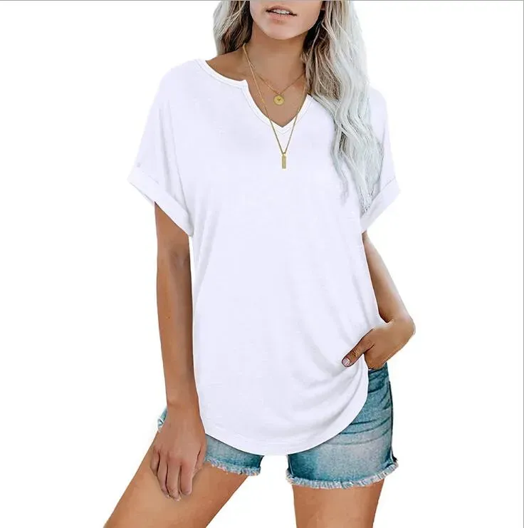 Women T-Shirts Short Sleeve Shirt fashion Solid Color V-neck Shirts Casual Pullovers Top Loose Patchwork Tees Clothing wmq1300