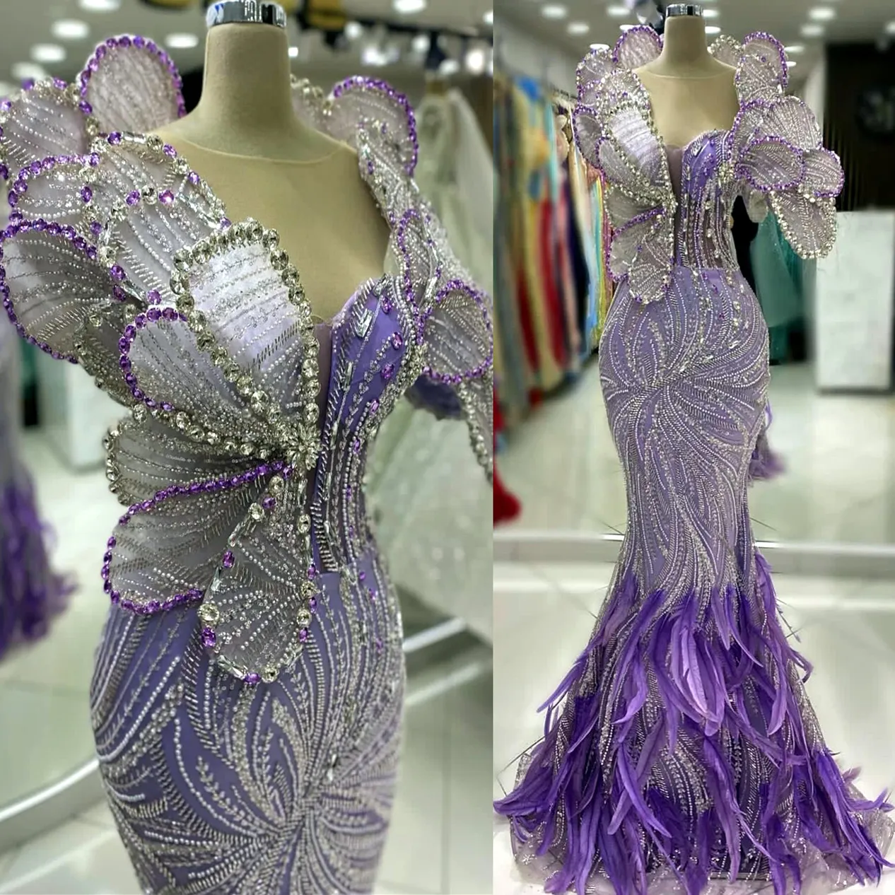 Ebi 2024 Aso Lavender Mermaid Prom Dress Beaded Crystals Feather Evening Formal Party Second Reception Birthday Engagement Gowns Dresses Robe De Soiree Zj10 es