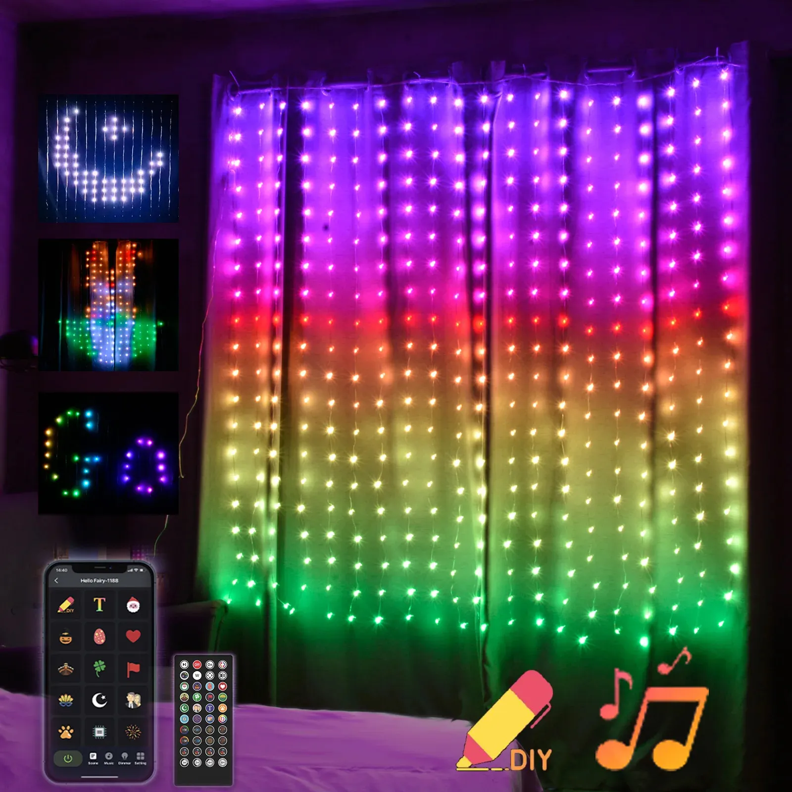 Décorations de Noël Elenut RGBIC Smart Rideaux Lumières LED Noël Fée Lumière DIY Image avec APP Télécommande Pour Party Garland Décor 231214