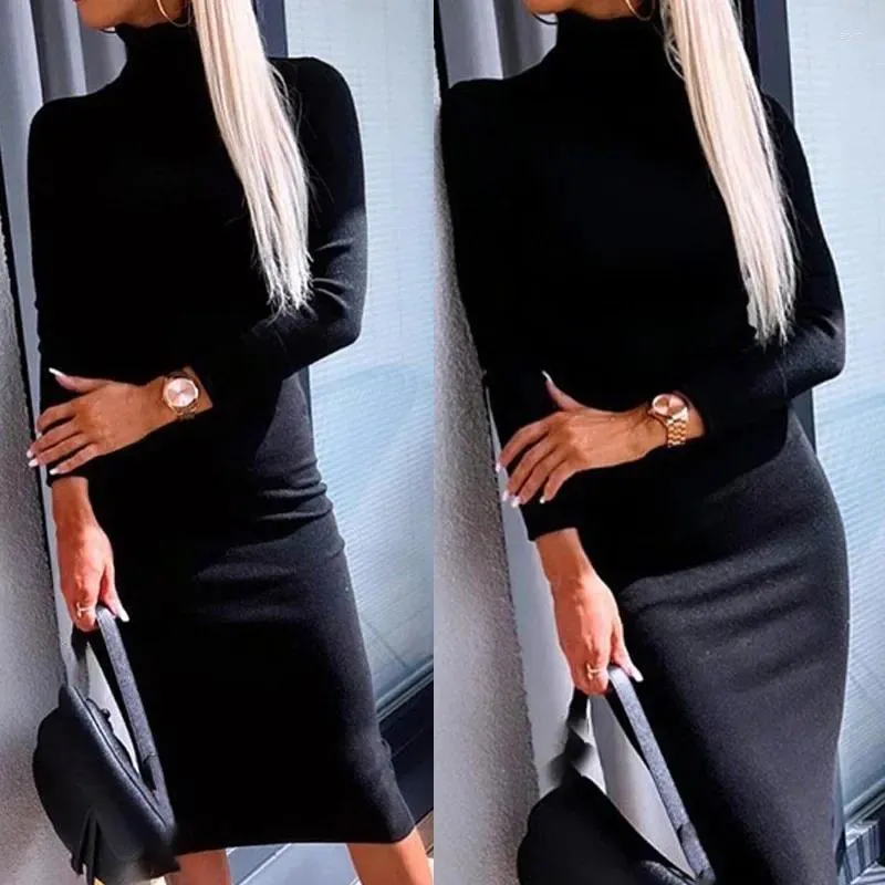 Casual Dresses Women Dress Turtleneck Slim Fit Vestidos Solid Sexig Mid Length Mante Regular Full Sleeve Splice Autumn Winter