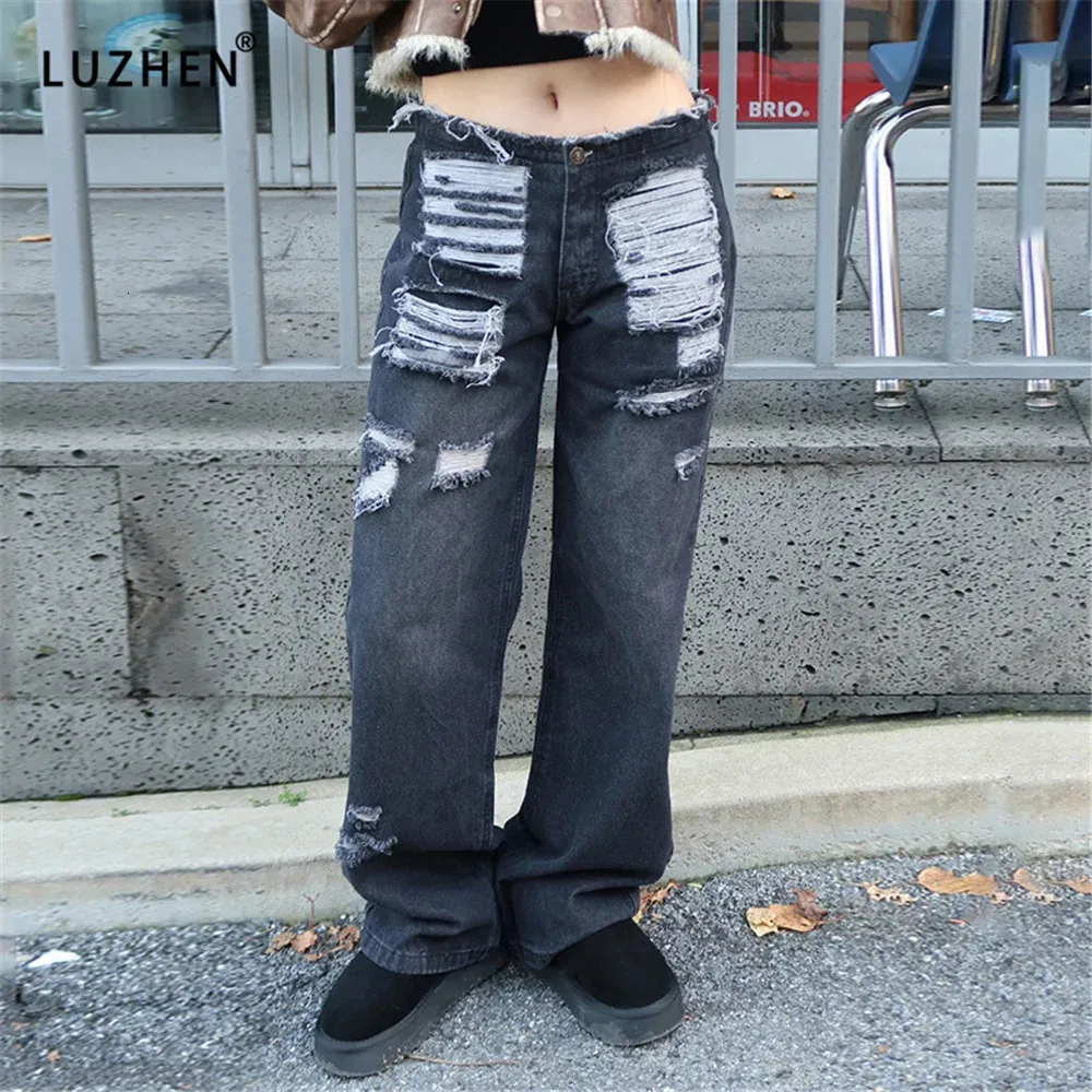 Kvinnors jumpsuits Rompers Casual Ripped Hole Jean Retro Korean Fashion High midja denim Skinny Trousers Streetwear Y2K Wide Leg Pants Bottoms 2023 231213