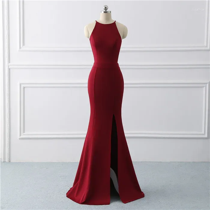 Sukienki imprezowe Burgundowe seksowna suknia wieczorowa sukienka syrenka na rozciąganie tkanina długa boczna szczelina vestido de noiva