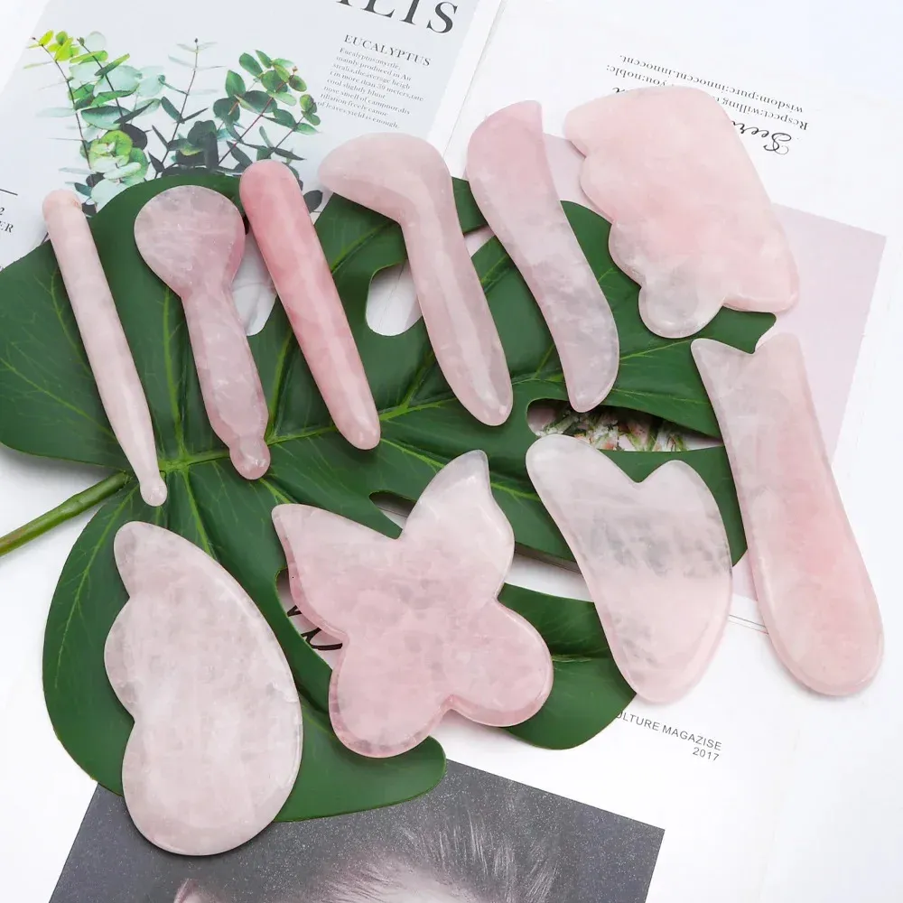 Eye Massager 5pcs Rose Quartz Jade Stone More Shaped Gua Sha Scraper Massage Handmade Guasha Board Anti Wrinkle Skin Care Gouache Scraper 231214