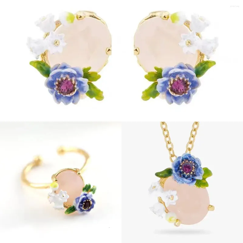 Necklace Earrings Set Handmade Enamel Glaze Spring Blooming Psalm Anemone Lily Of The Valley Ring