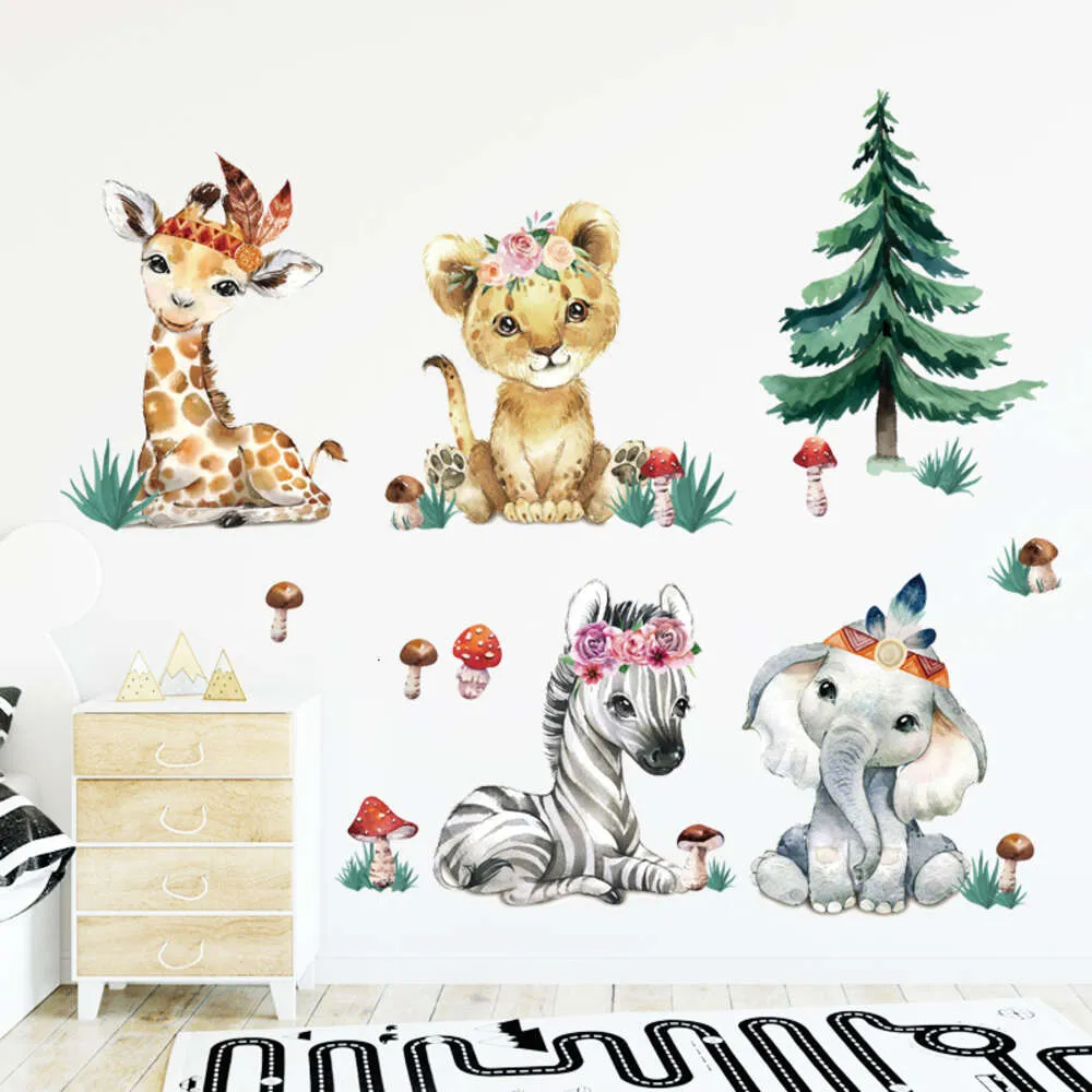 Watercolor Africa Animals Set Wall Stickers Elephant Giraffe tree grass Wall Decals for Kids Room Baby Nursery Room Home Decor