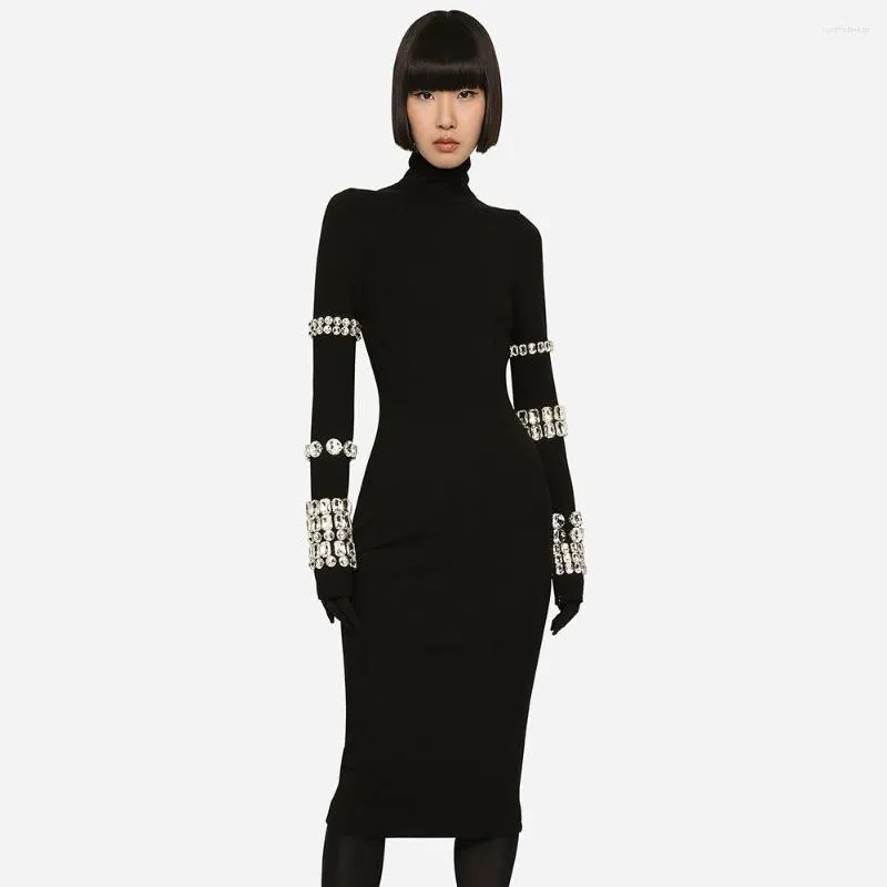 Casual Dresses Luxury Party For Women Long Sleeve Gloves With Crystal Bandage Black Midi Dress Evening Gowns Autumn Winter