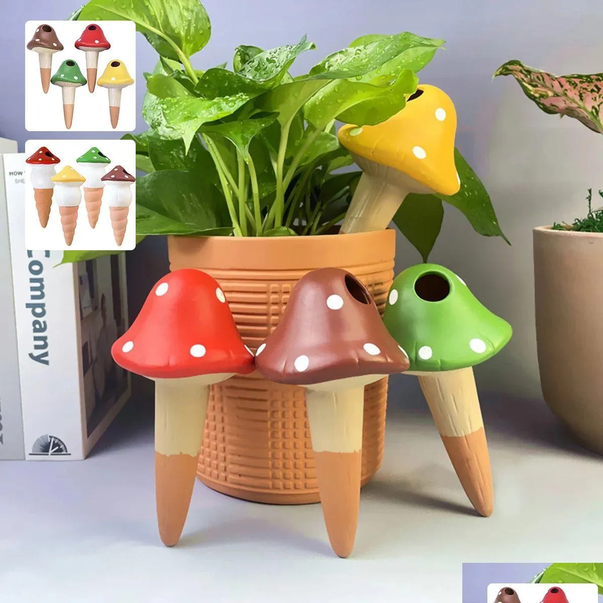 Sprayers 4Pcs Self-Watering Mushroom Spikes Portable Matic Terracotta Globe Small Potted Plant Waterer Cute Garden Device 231122 Dro Dhk5H